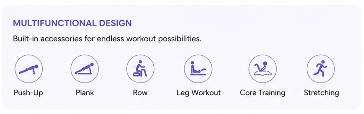 Push-up, plank, row, leg, core and stretching exercises