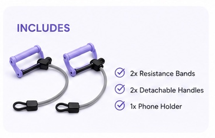 What's included — 2 resistance bands, 2 handles, phone holder