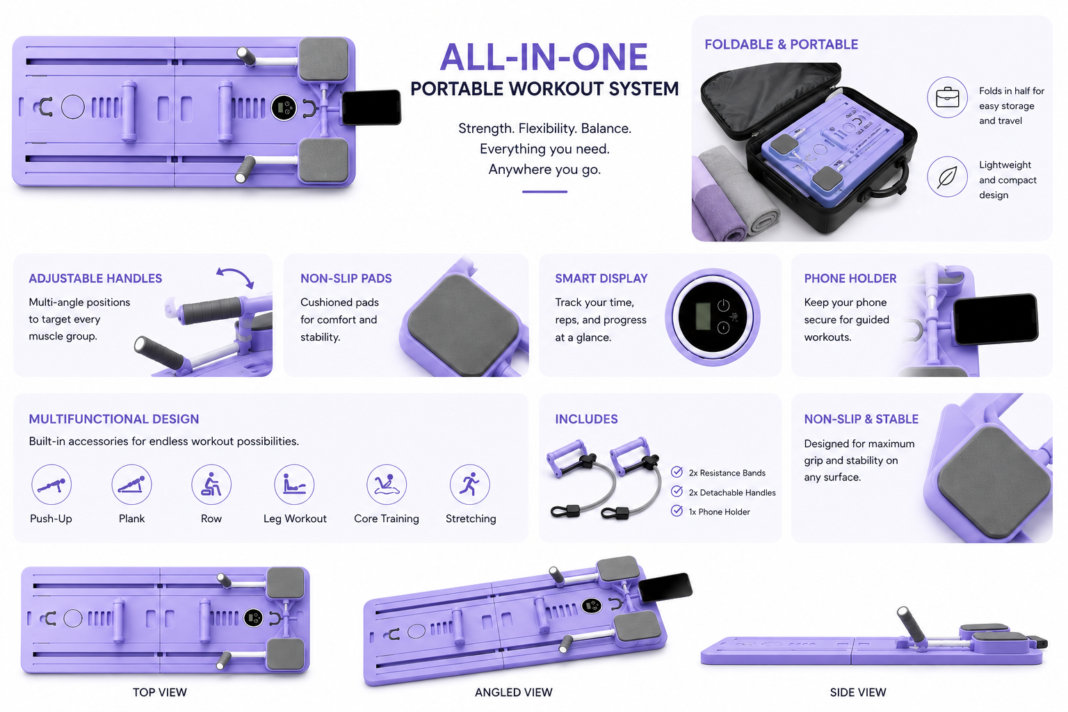 All-in-one portable workout system — adjustable handles, non-slip pads, smart display, phone holder, foldable and portable